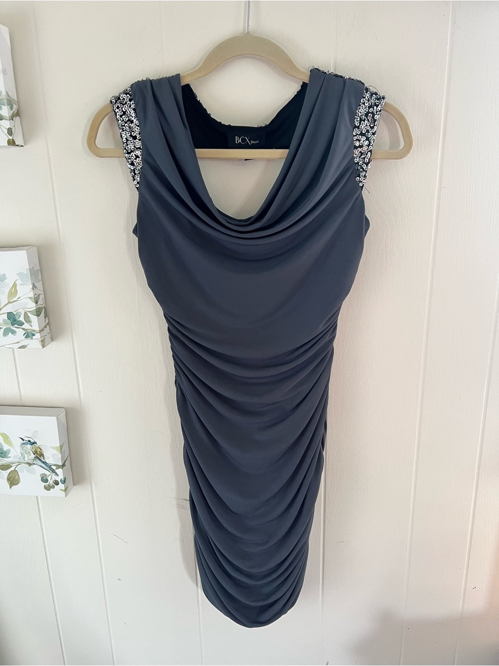 Ladies Small Dress by BCX Gray draped with Sequin-Embellished Shoulders and Back